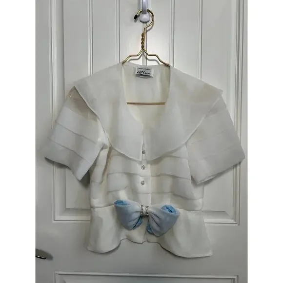 Vintage Ann Hobbs Cattiva Organza Bow Blouse XS White 80s Couture Wedding USA